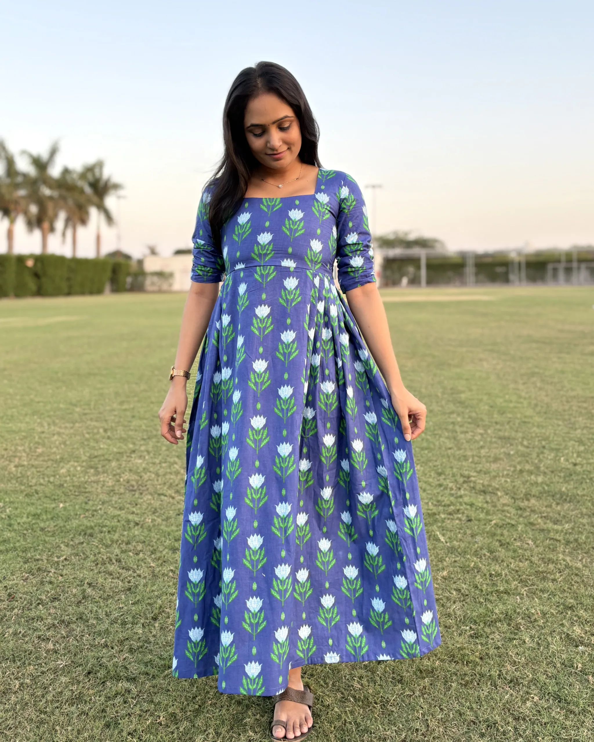 Blue floral print cotton maxi dress