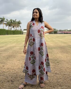 Checked & floral print cotton a line kurta set