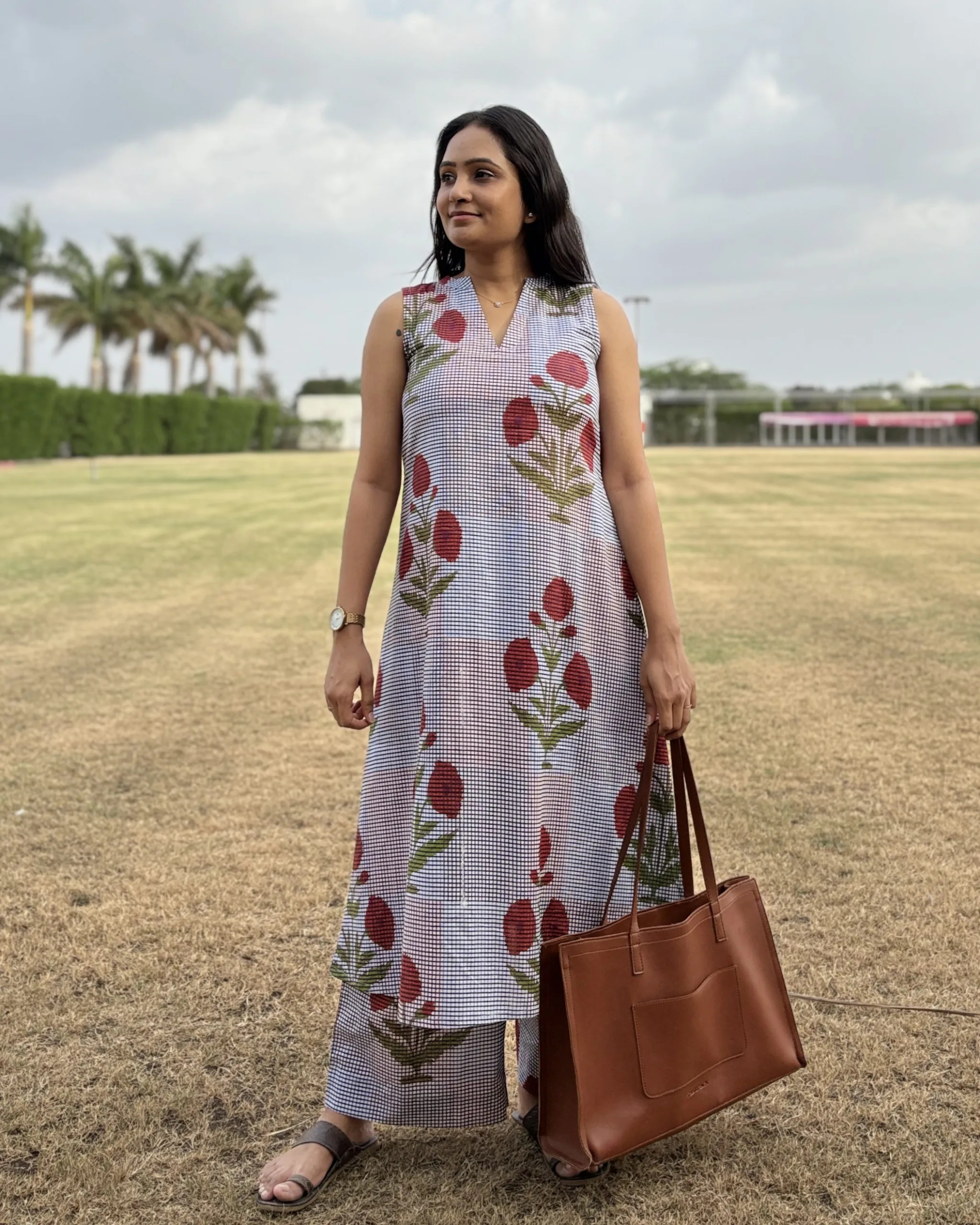 Checked & floral print cotton a line kurta set