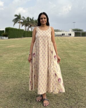 Beige cotton dual print a line maxi dress