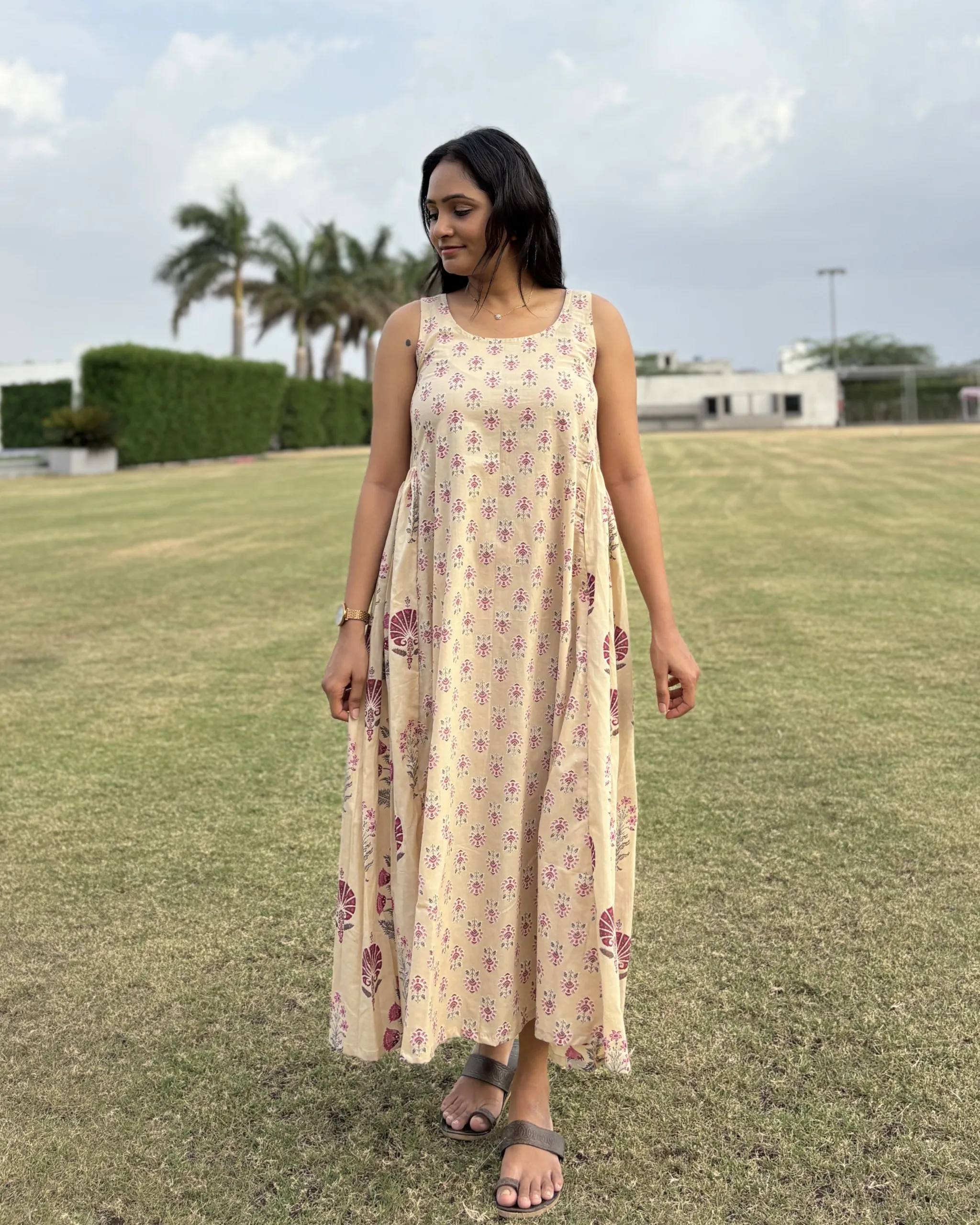 Beige cotton dual print a line maxi dress