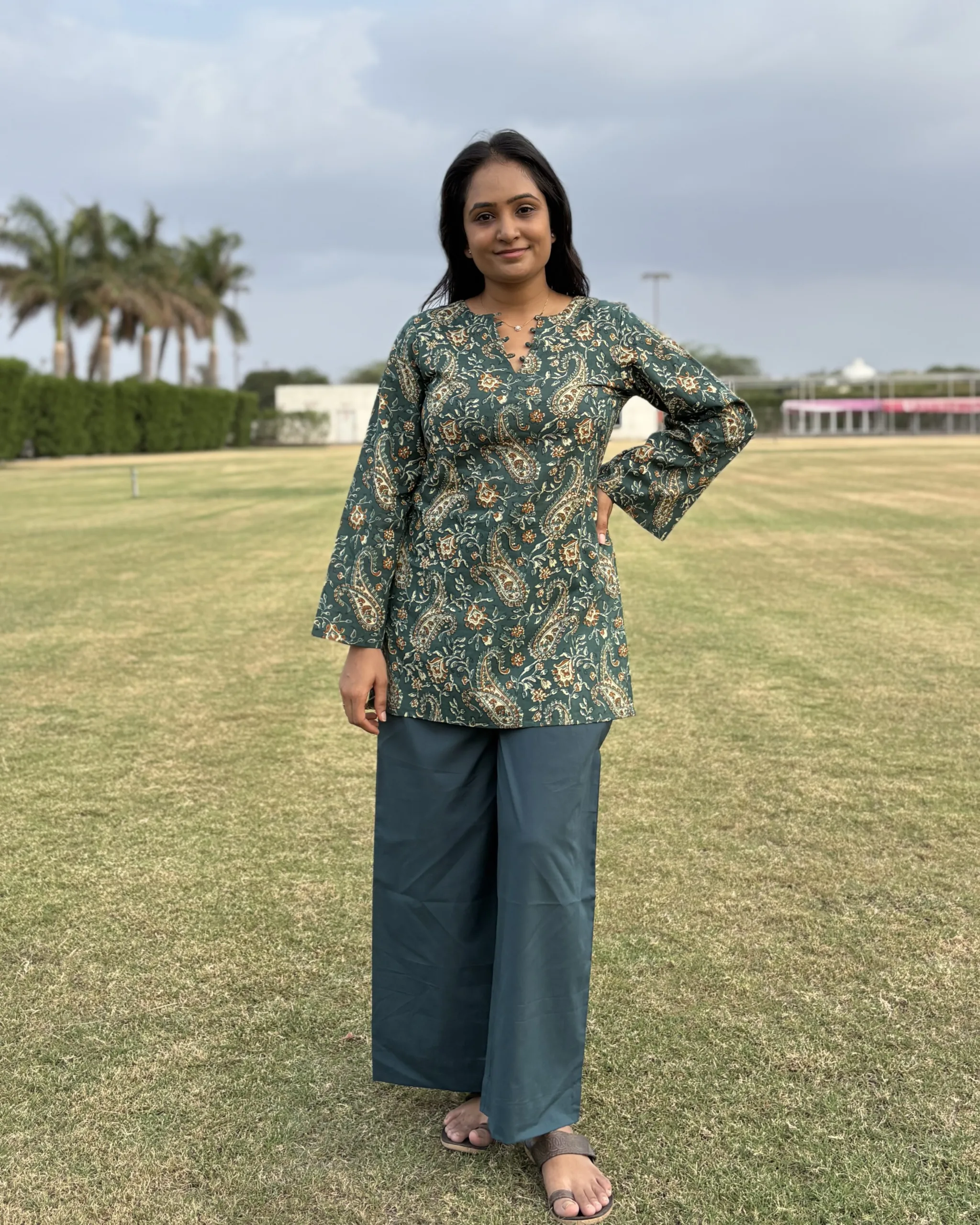 Teal blue cotton short kurta and palazo set