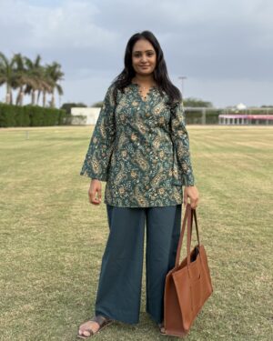 Teal blue cotton short kurta and palazo set