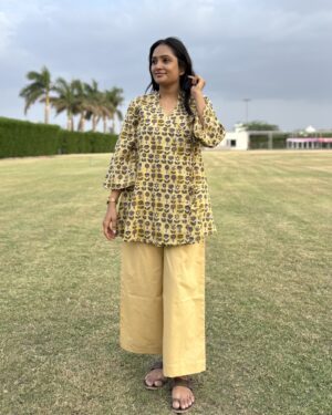Cream printed cotton wrap kurti and palazo set