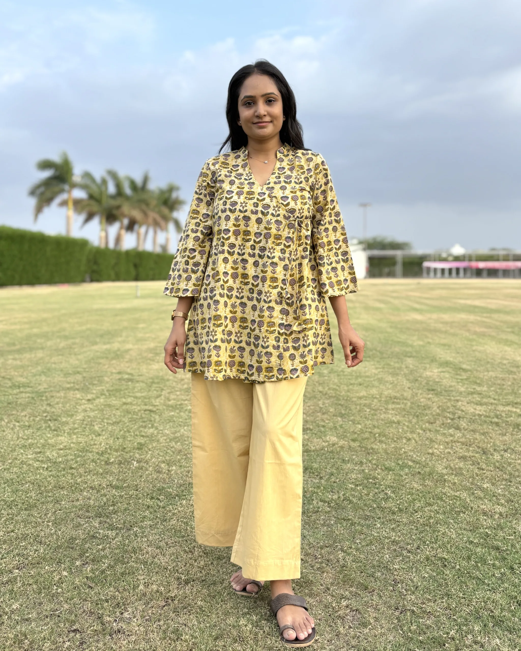 Cream printed cotton wrap kurti and palazo set