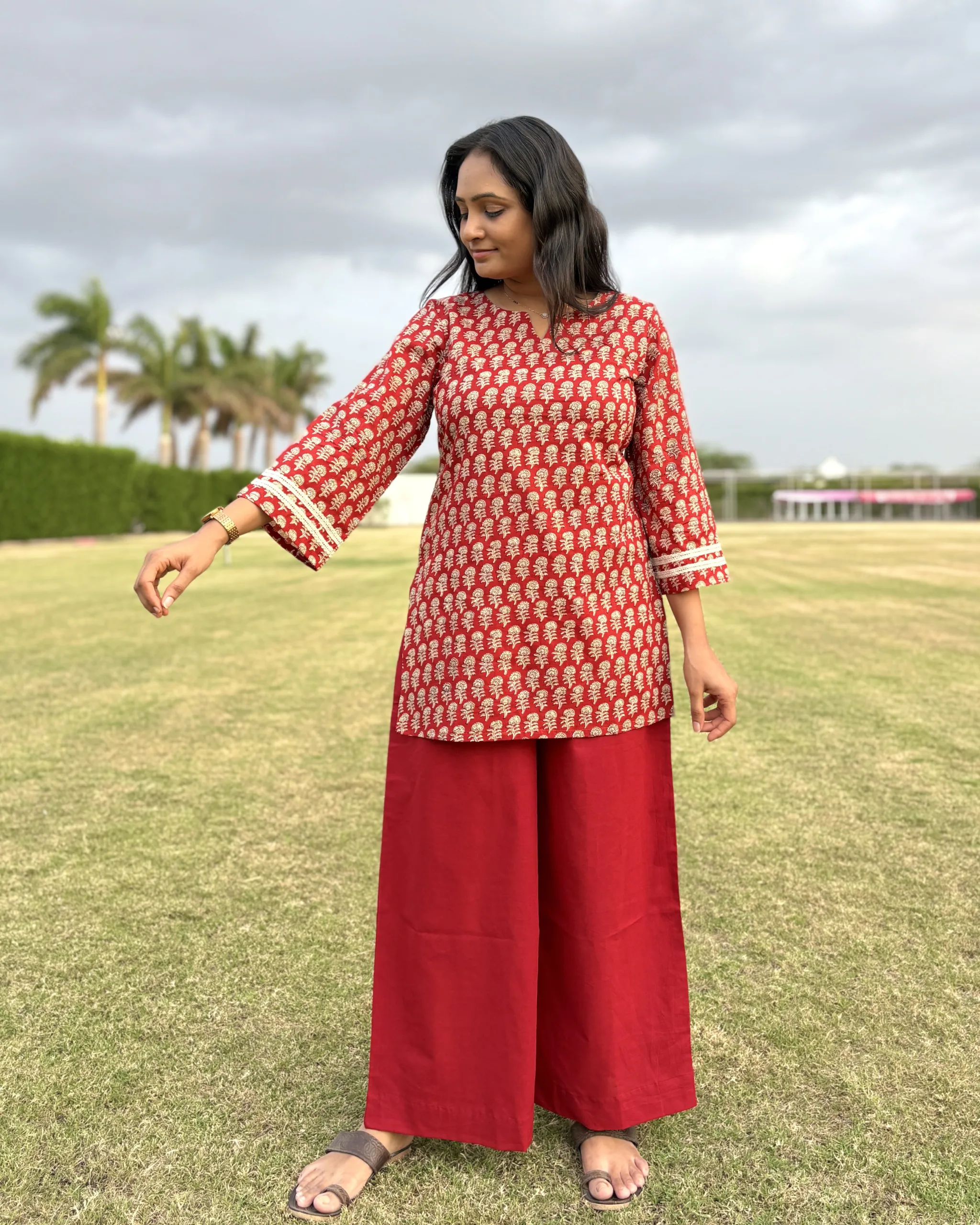 Rust red cotton short kurta and palazo set