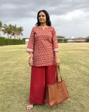 Rust red cotton short kurta and palazo set