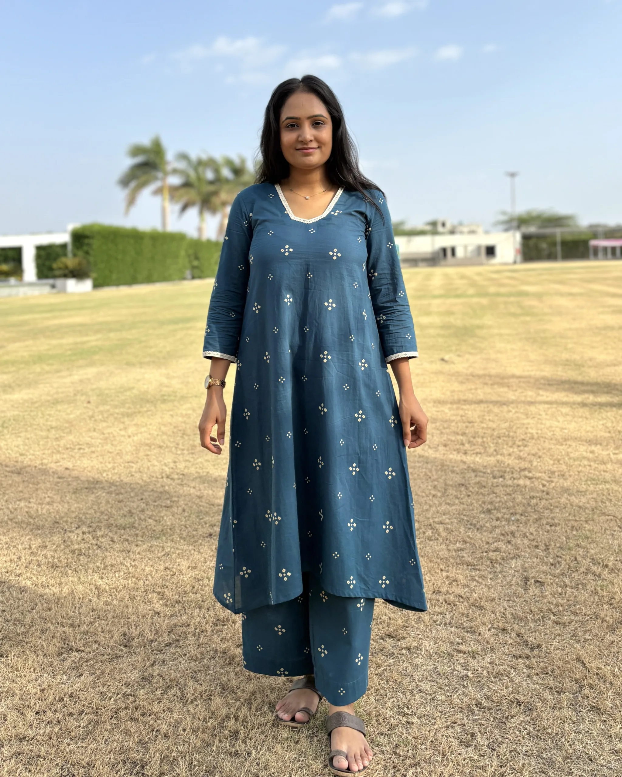 Peacock blue bandhani print cotton kurta set