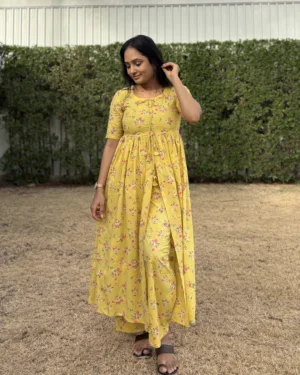 Yellow embroidered cotton kurta set
