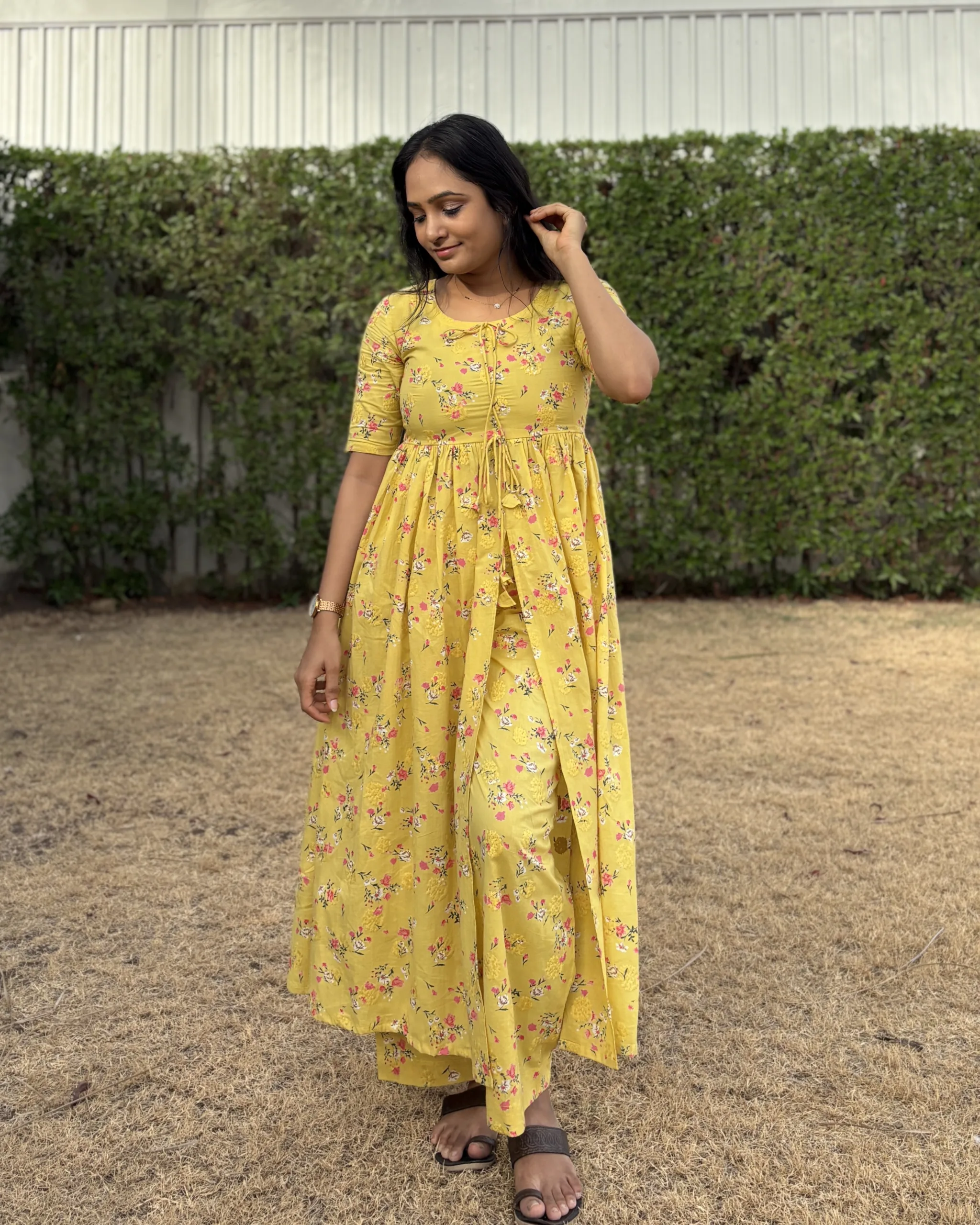 Yellow embroidered cotton kurta set