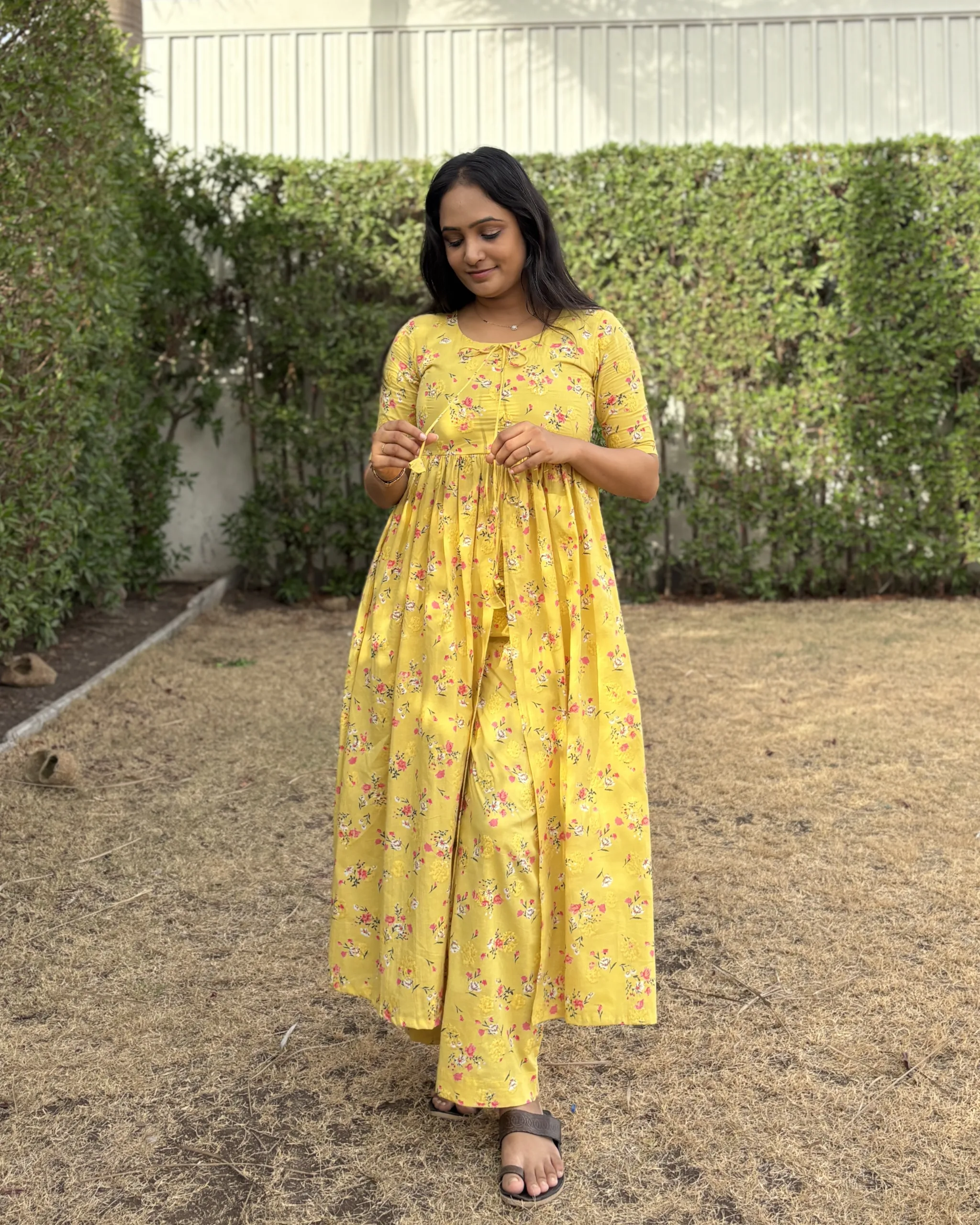 Yellow embroidered cotton kurta set