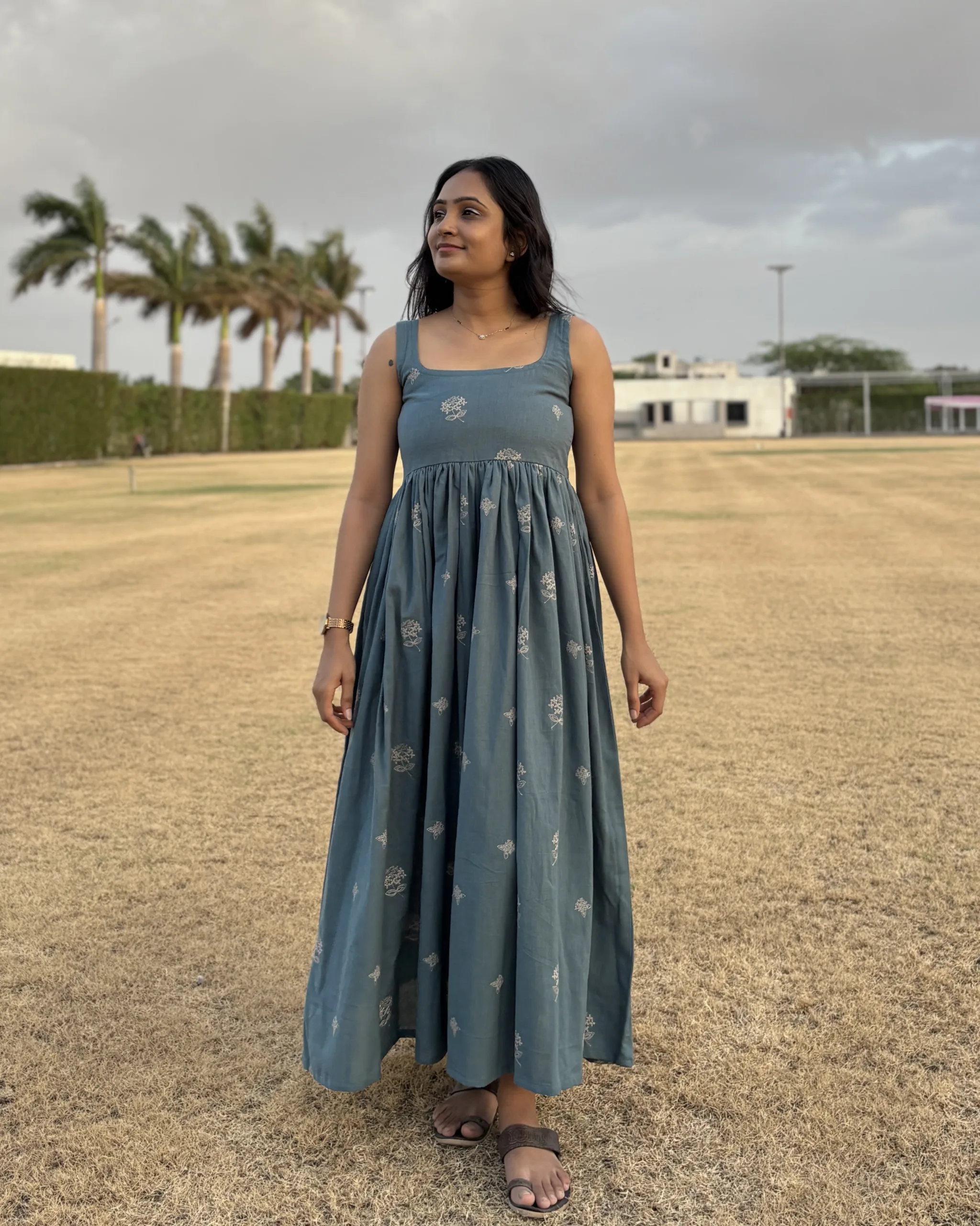 Khadi cotton embroidered maxi dress