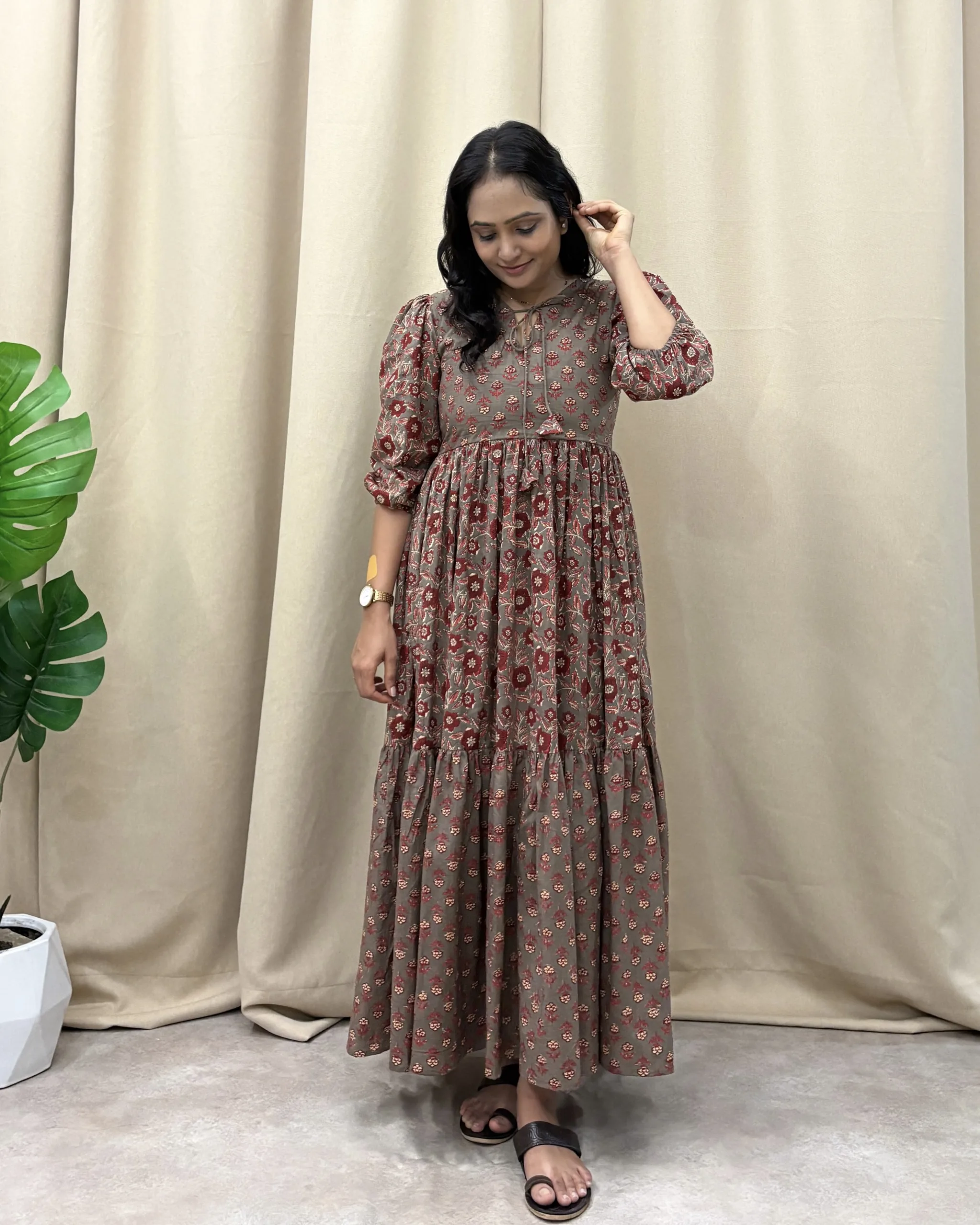 Brown floral print premium cotton tiered maxi dress
