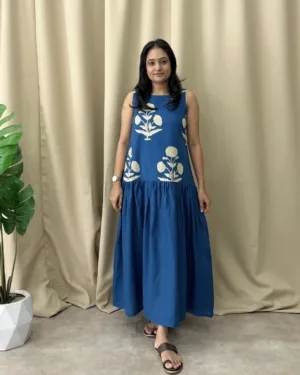 Peacock blue cotton a line dress with lining