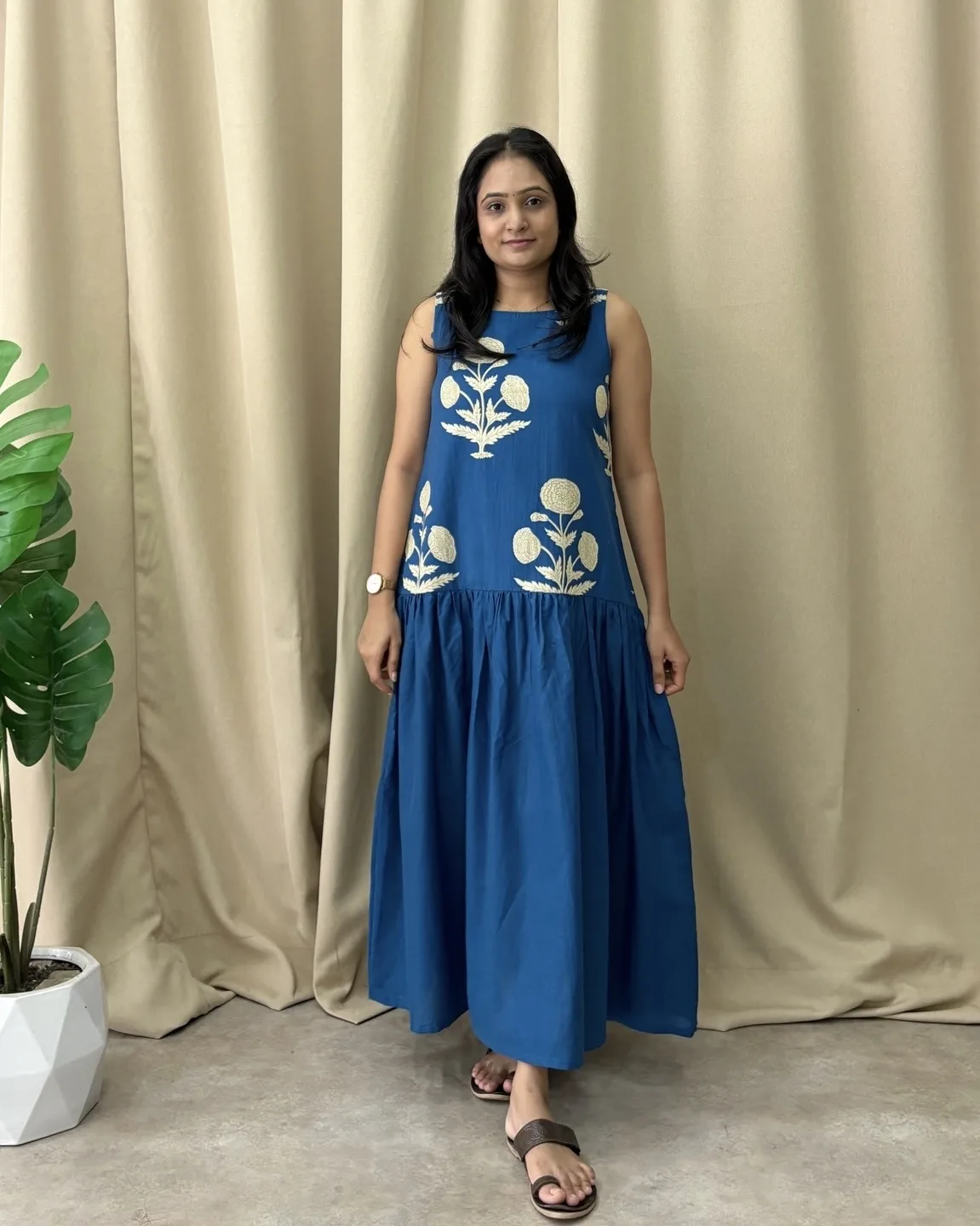 Peacock blue cotton a line dress with lining