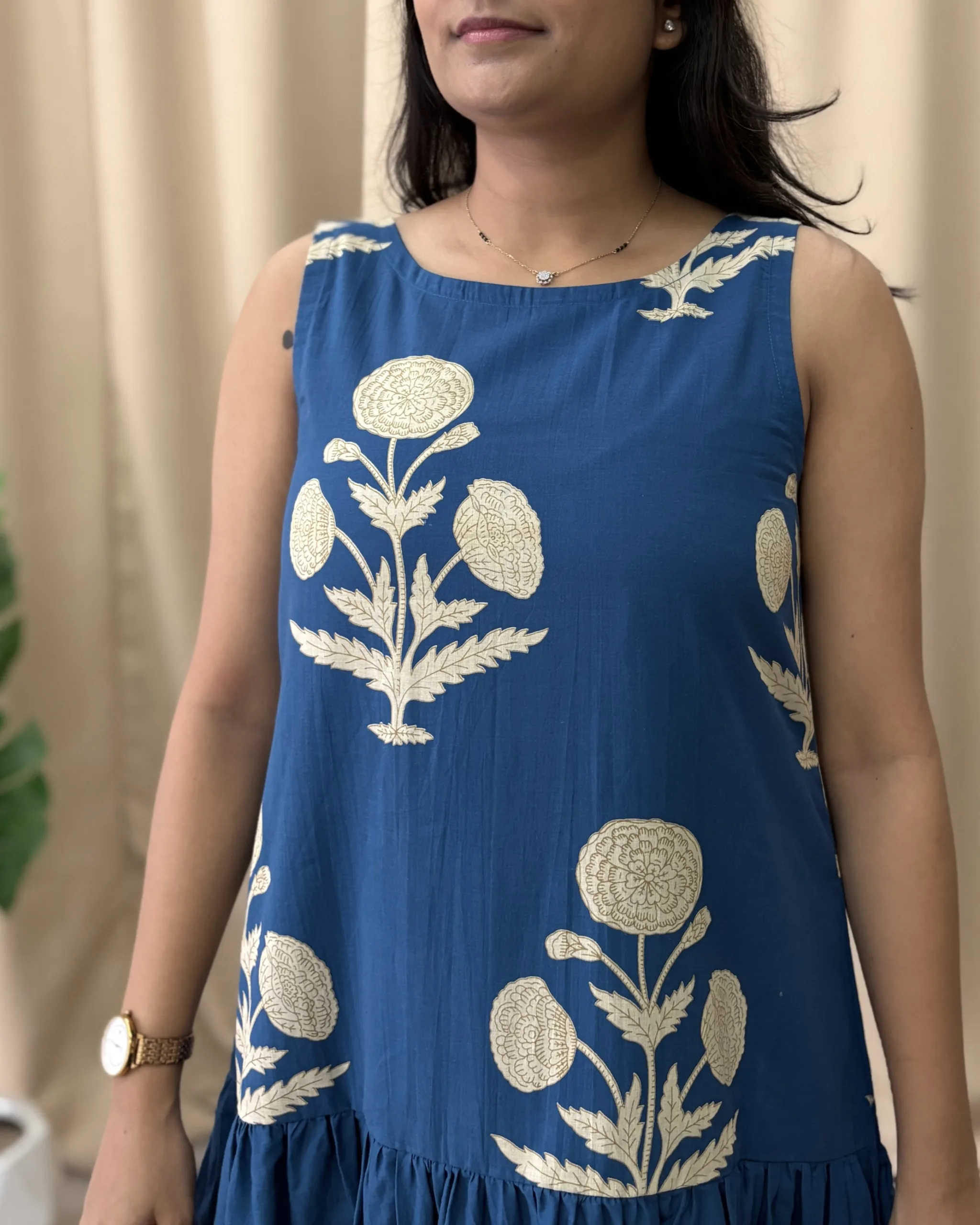 Peacock blue cotton a line dress with lining - Image 4