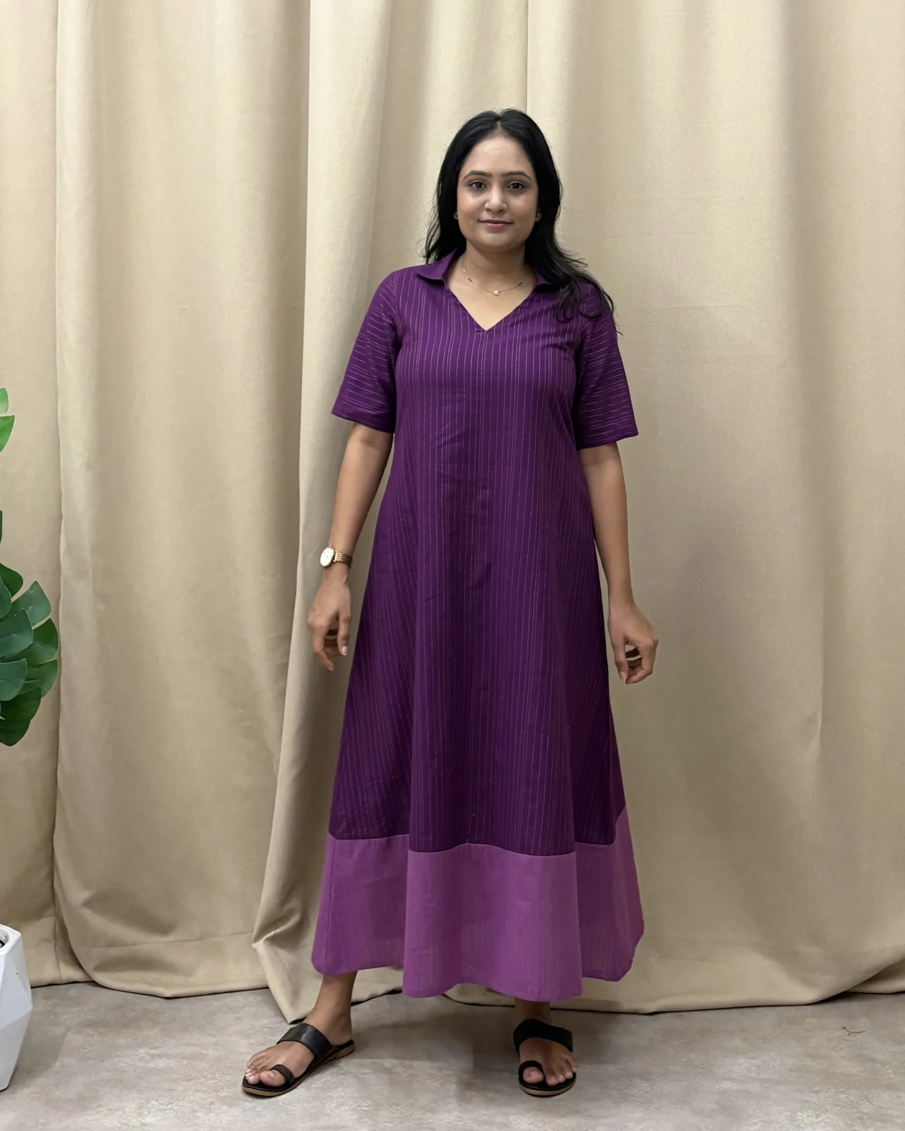 Purple handloom cotton a line dress