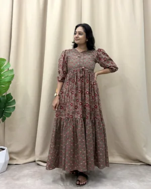 Brown floral print premium cotton tiered maxi dress