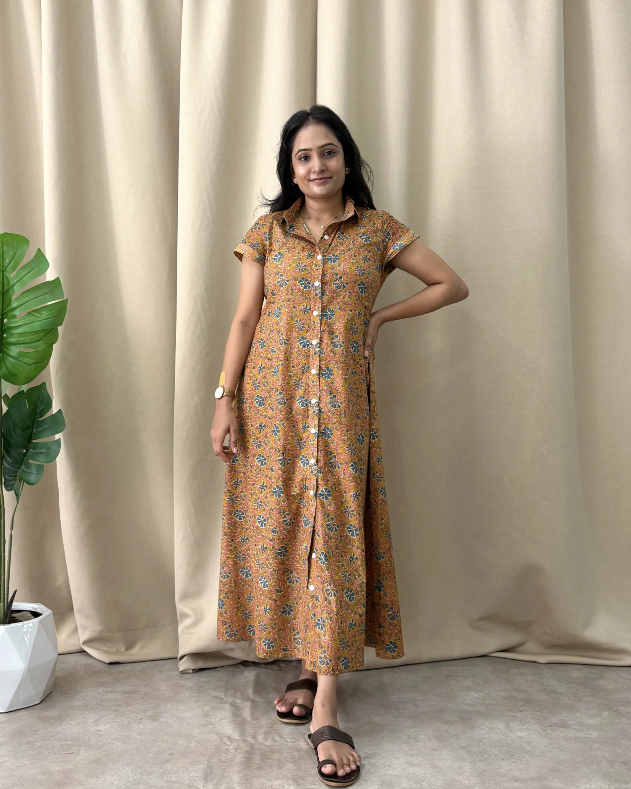 Mustard floral print cotton shirt dress