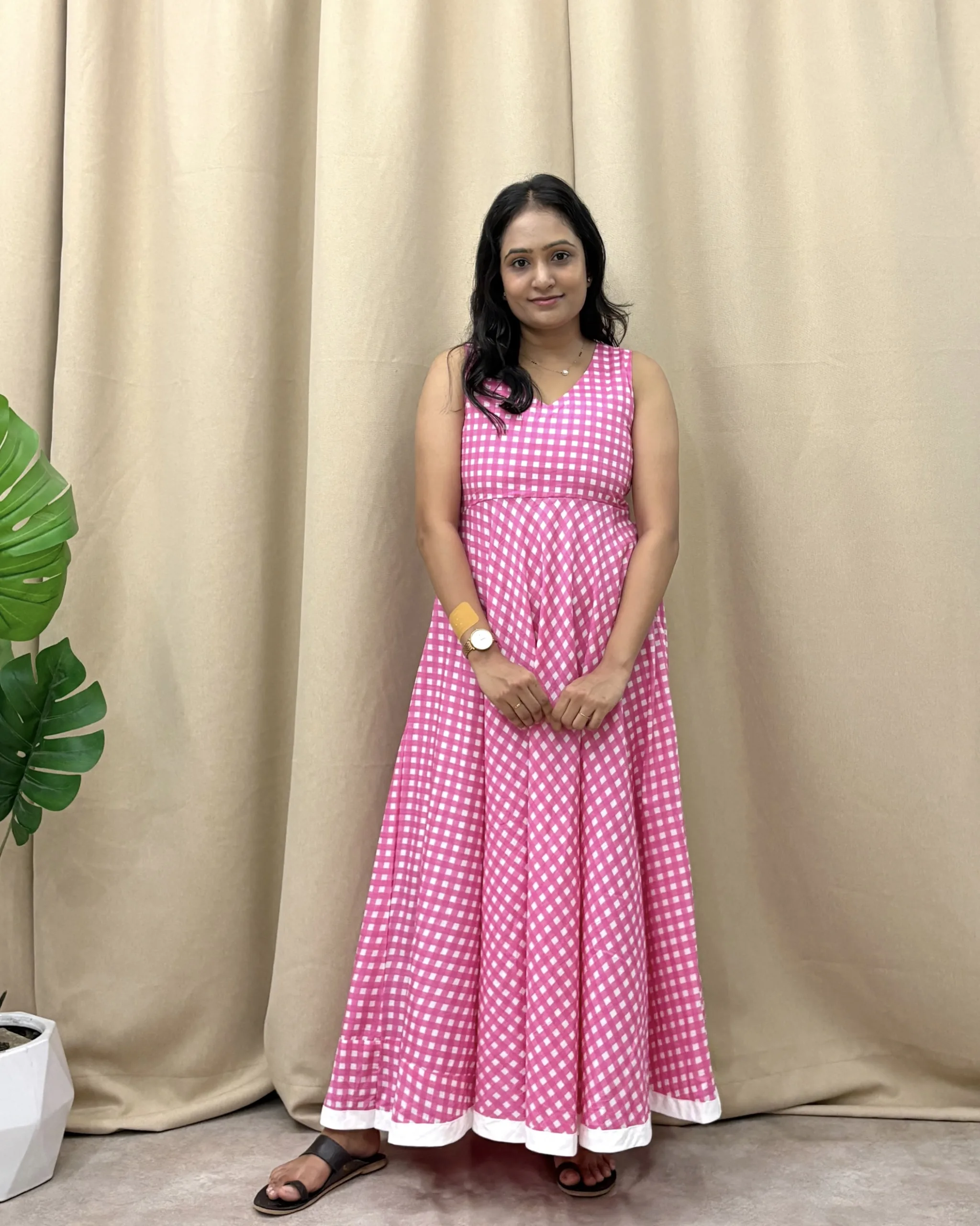 Pink checked print cotton umbrella flared maxi dress