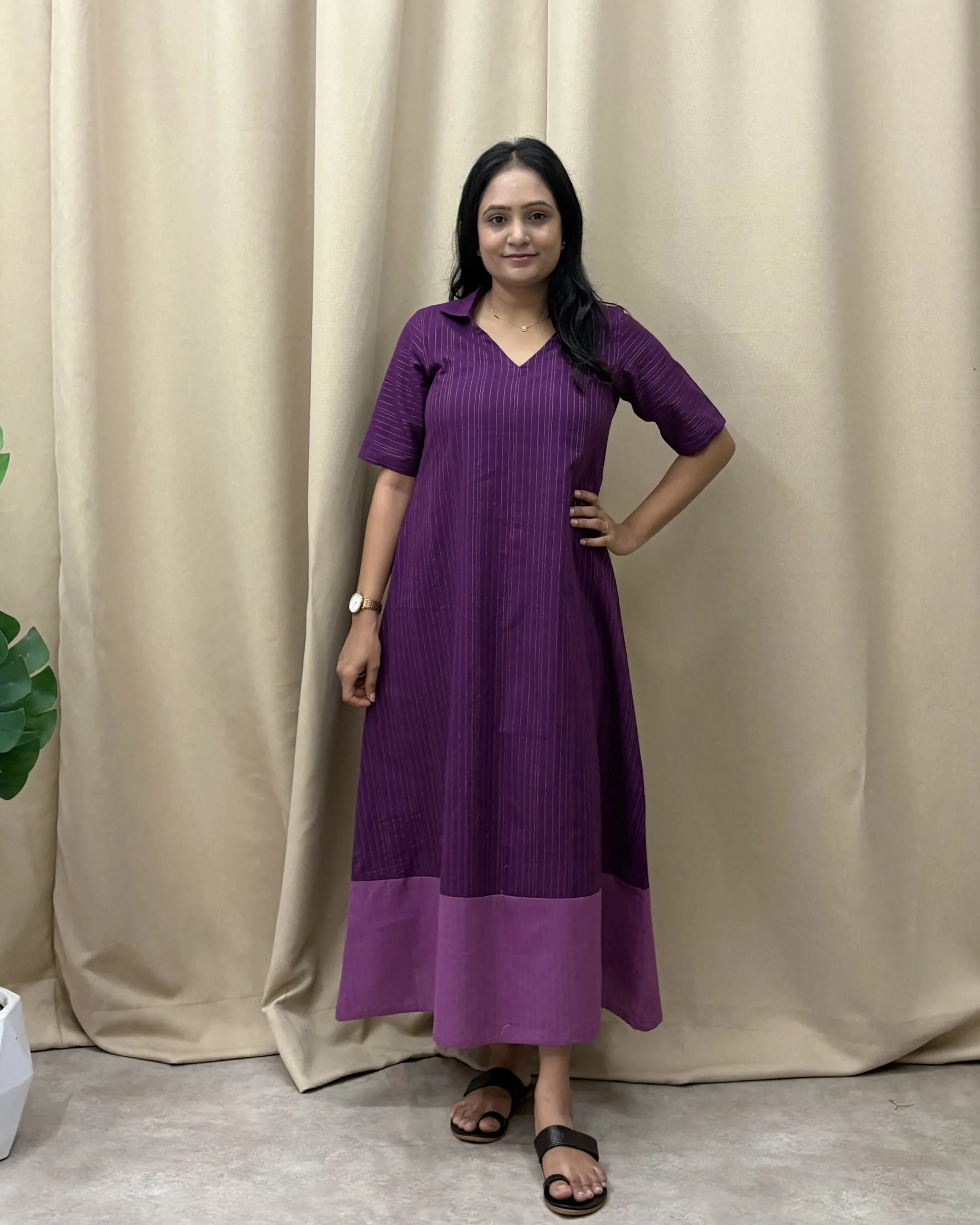 Purple handloom cotton a line dress