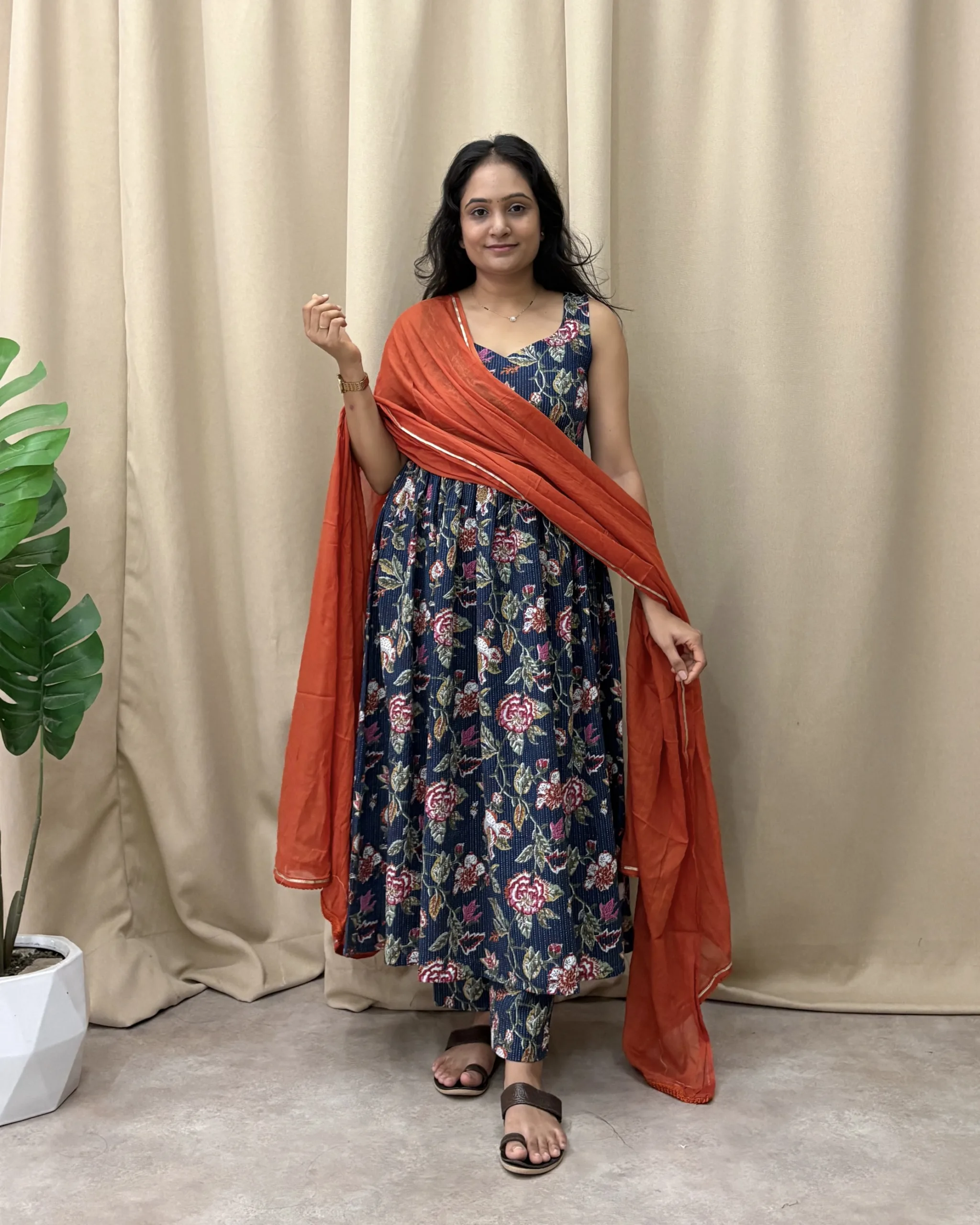 Navy blue floral suit in kantha cotton with dupatta