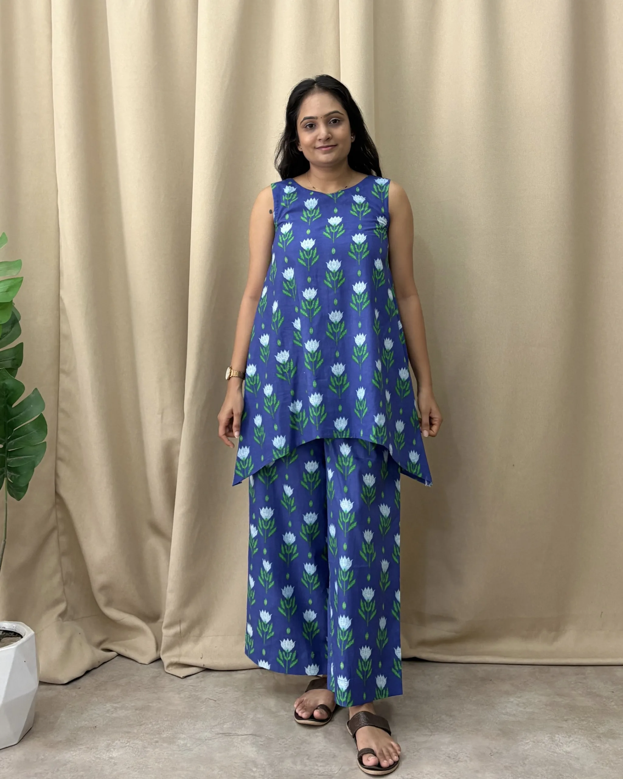 Blue floral print cotton coord set