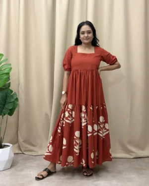 Rust premium cotton tiered maxi dress