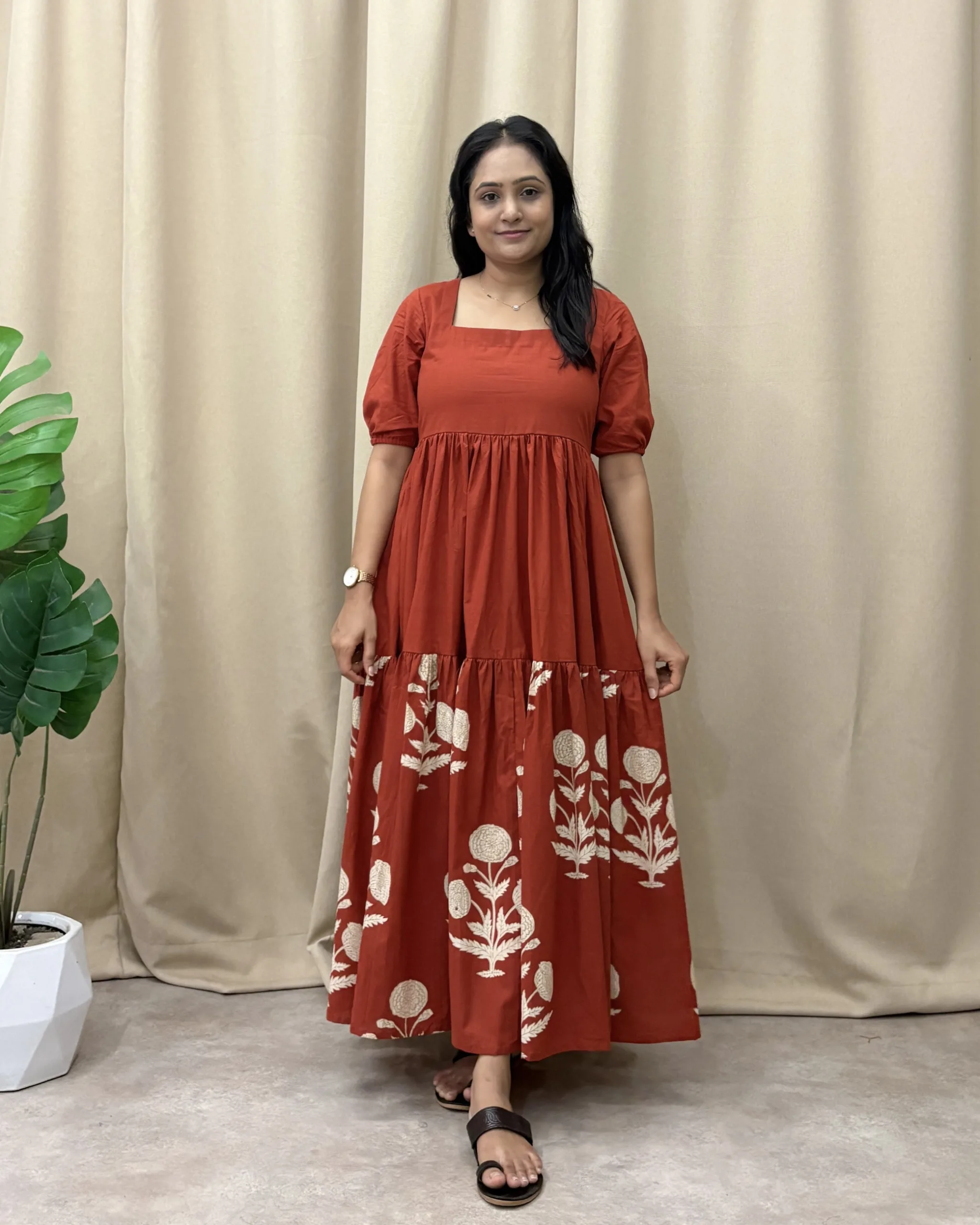 Rust premium cotton tiered maxi dress
