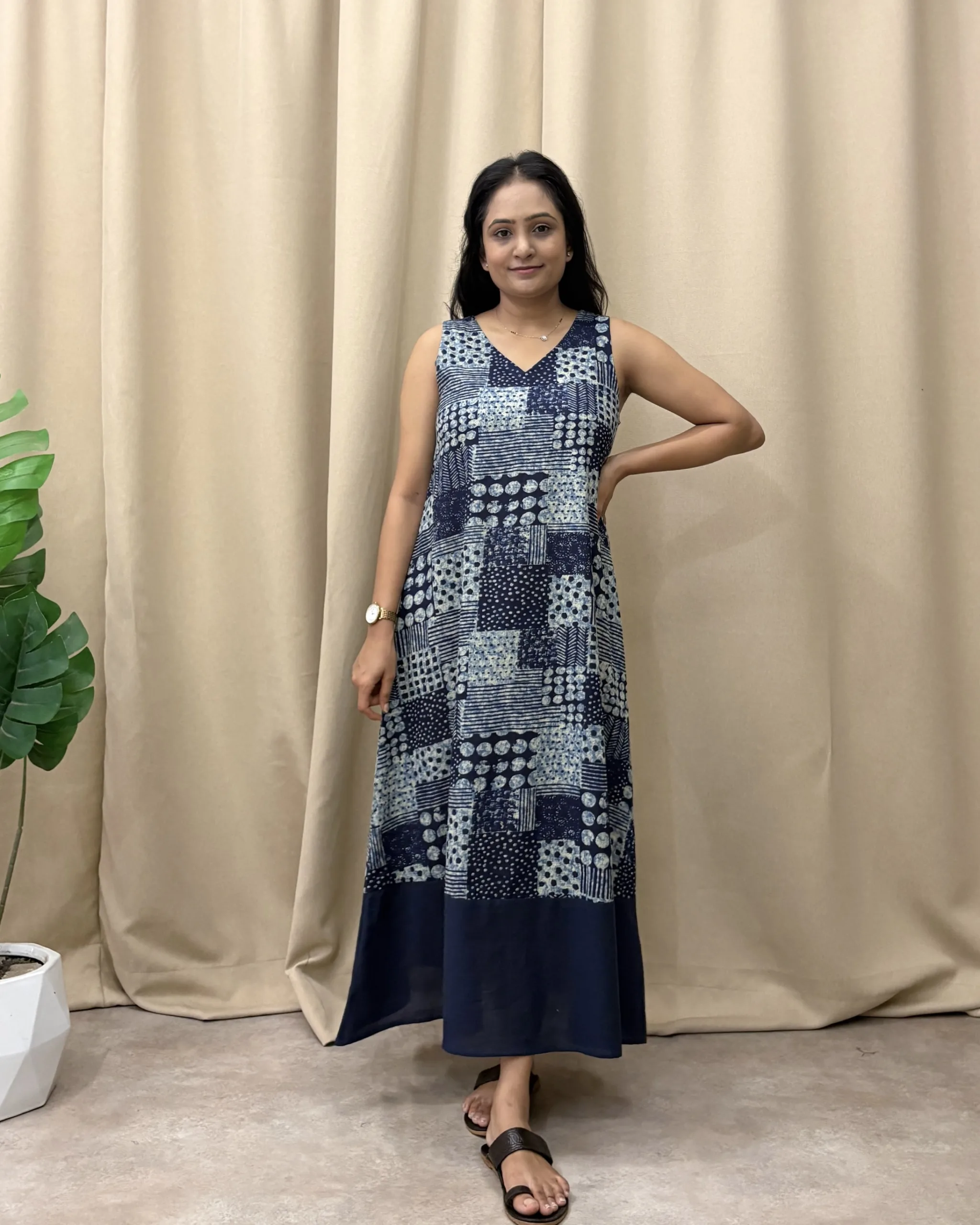 Cotton indigoprint a line maxi dress