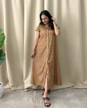 Mustard floral print cotton shirt dress