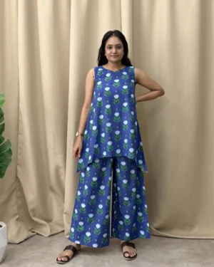 Blue floral print cotton coord set