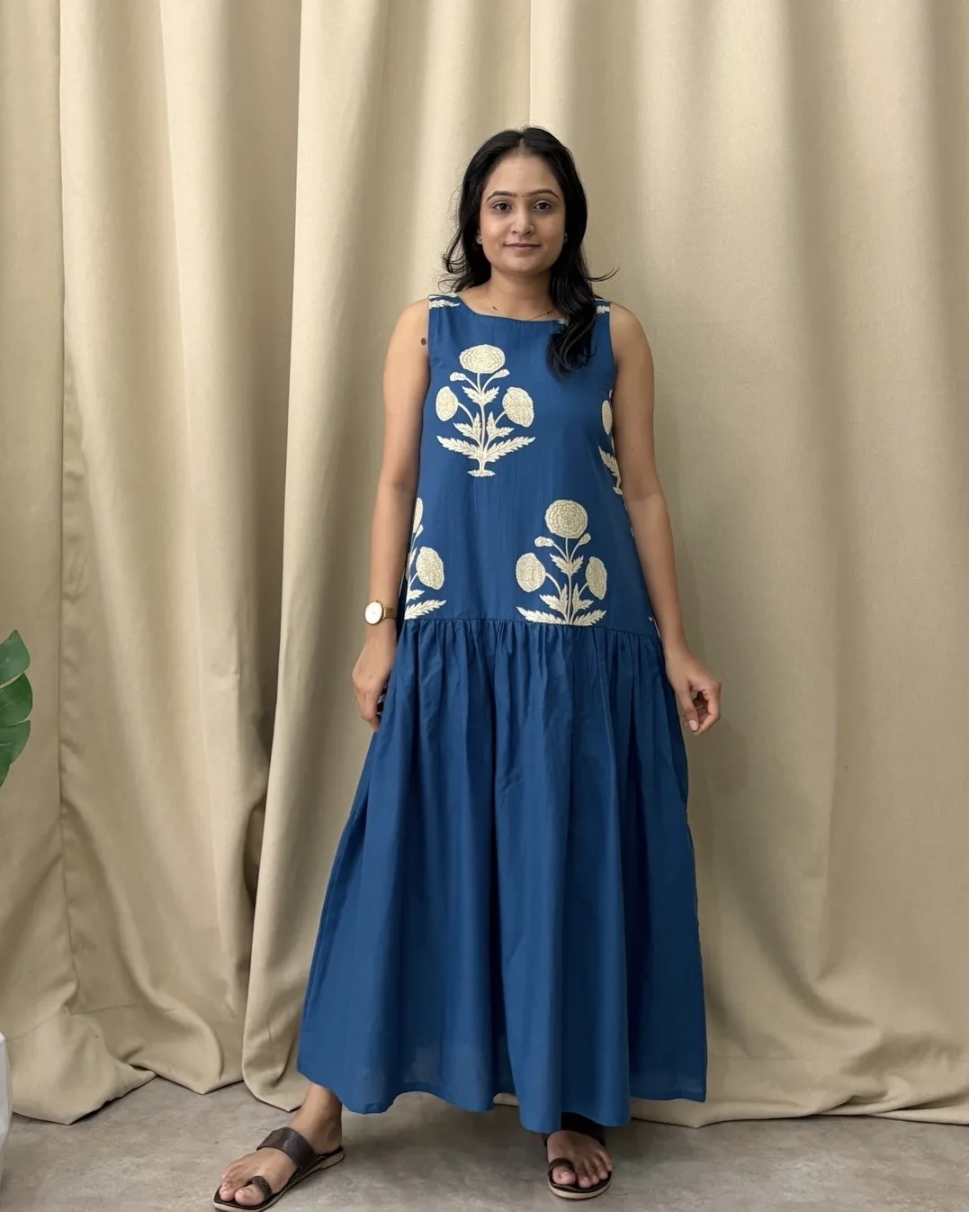 Peacock blue cotton a line dress with lining - Image 3
