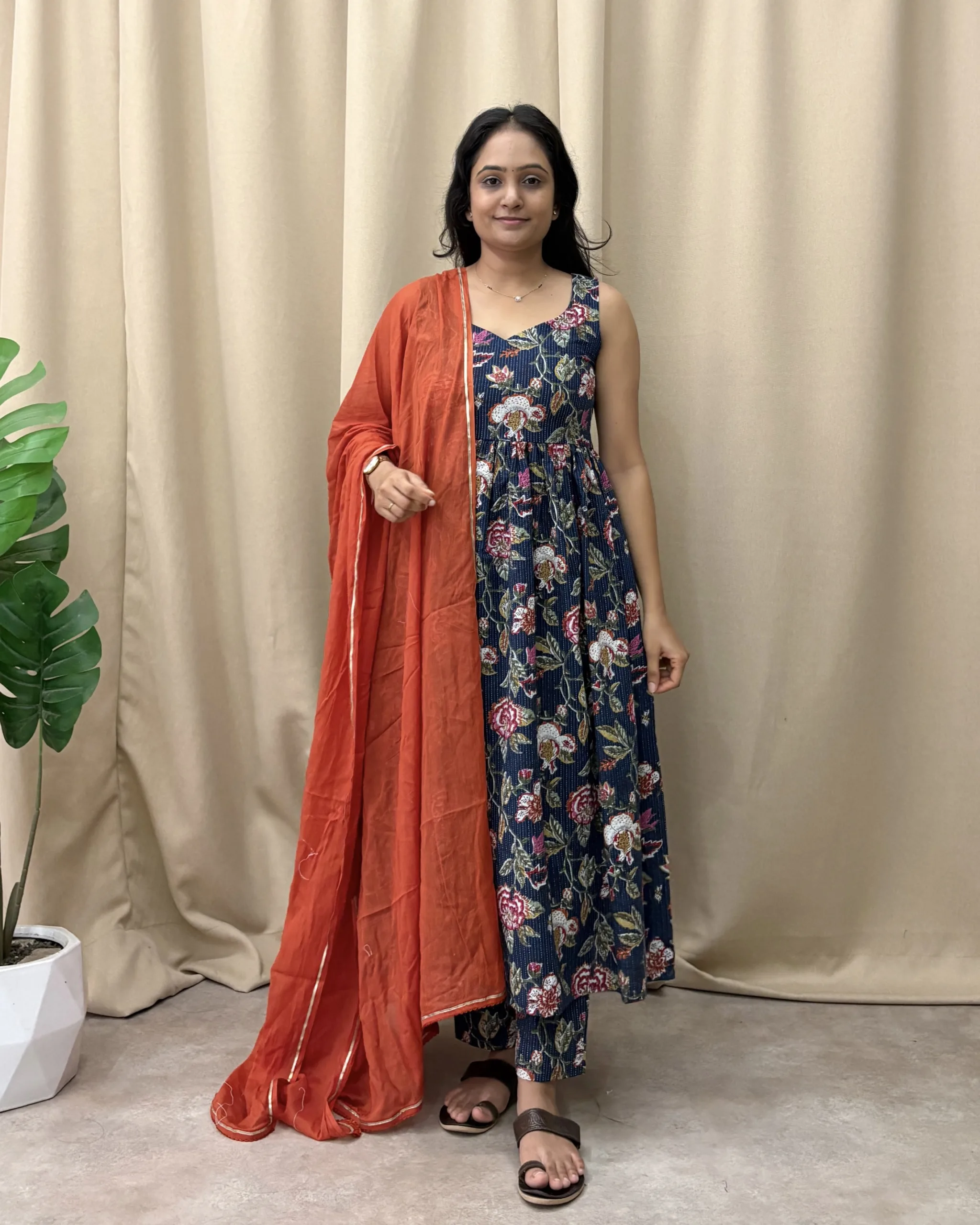 Navy blue floral suit in kantha cotton with dupatta