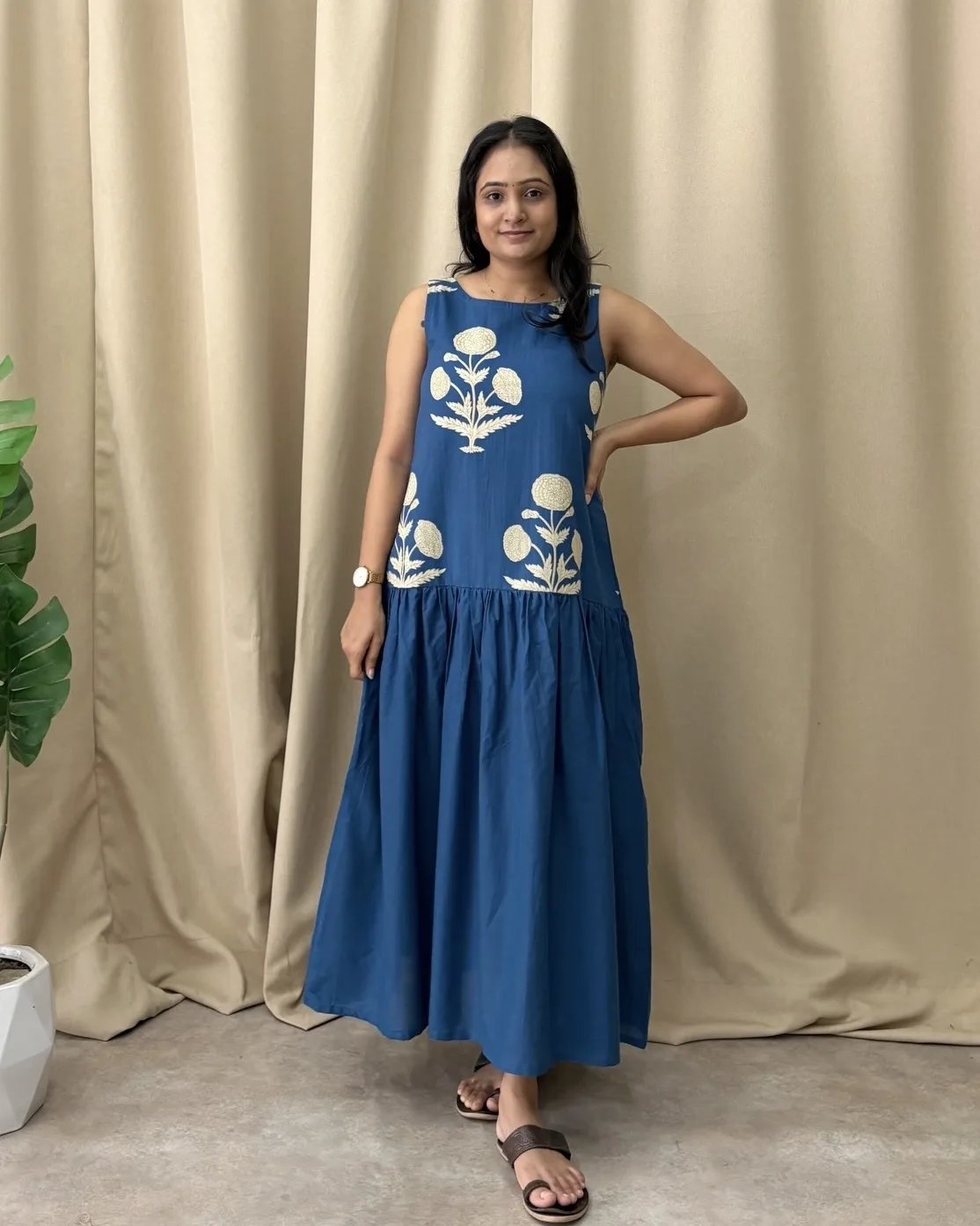 Peacock blue cotton a line dress with lining