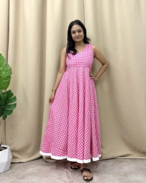 Pink checked print cotton umbrella flared maxi dress