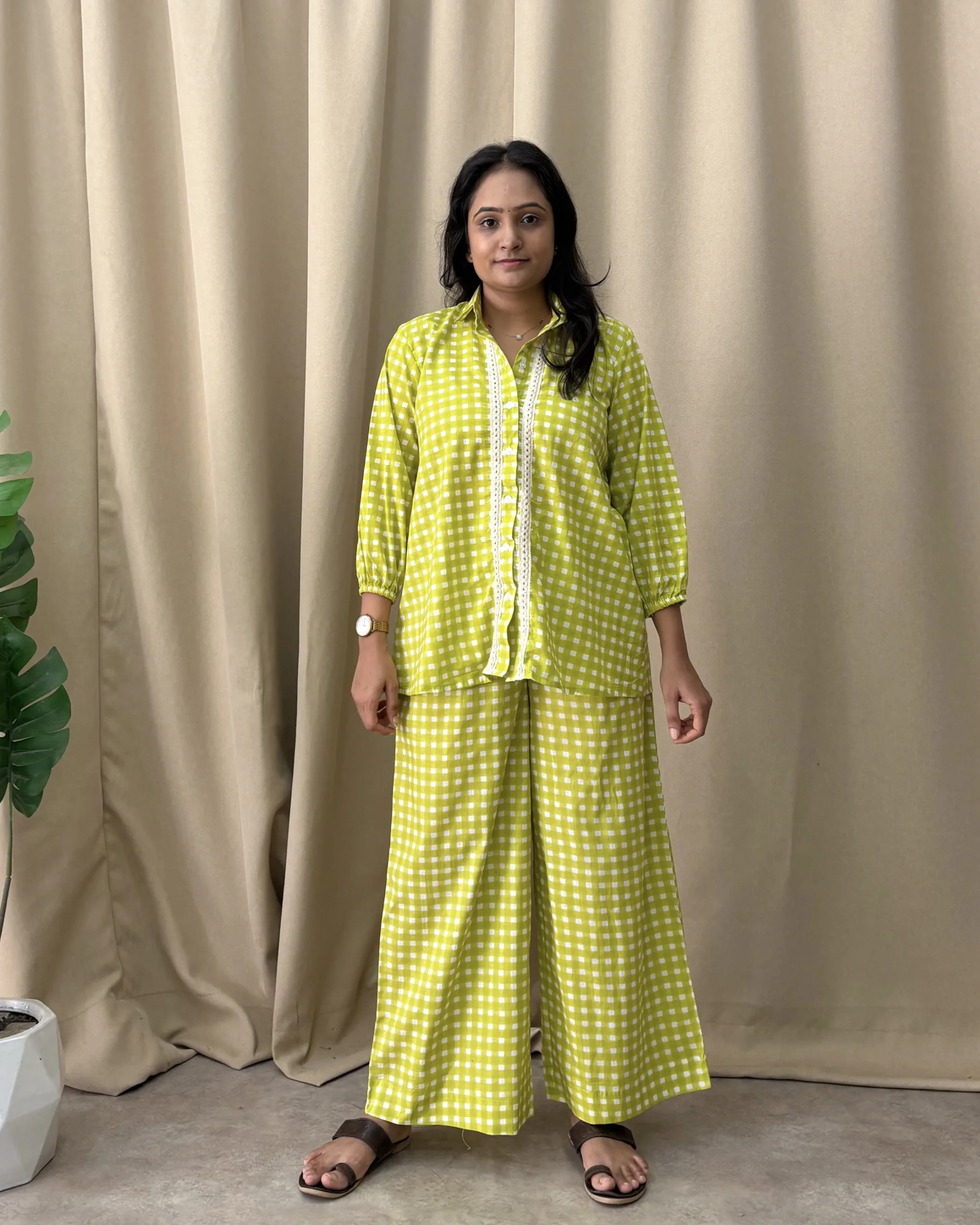 Parrot green premium cotton checked print shirt with palazo