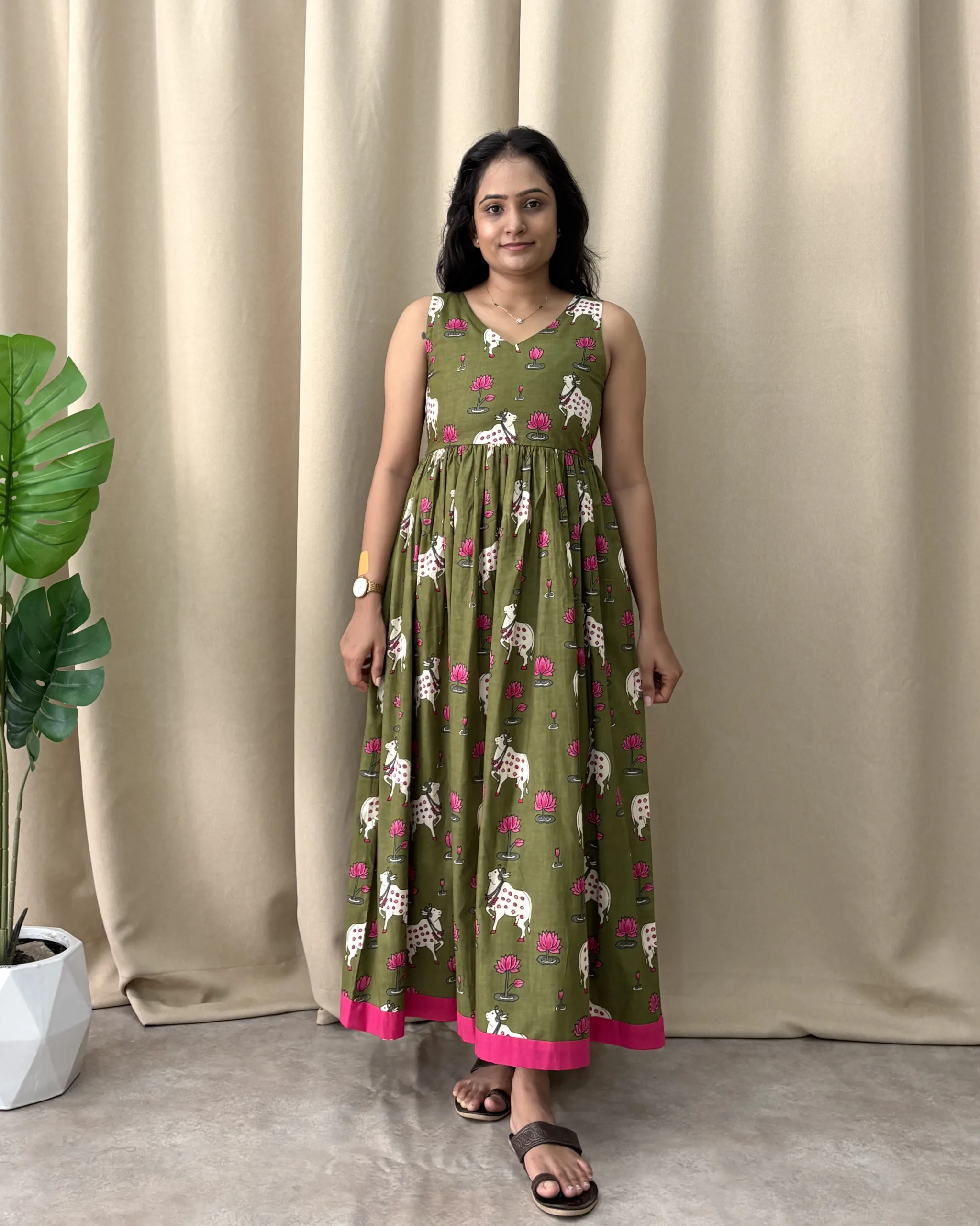 Mehendi green pichwai print cotton maxi dress - Image 3