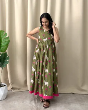 Mehendi green pichwai print cotton maxi dress