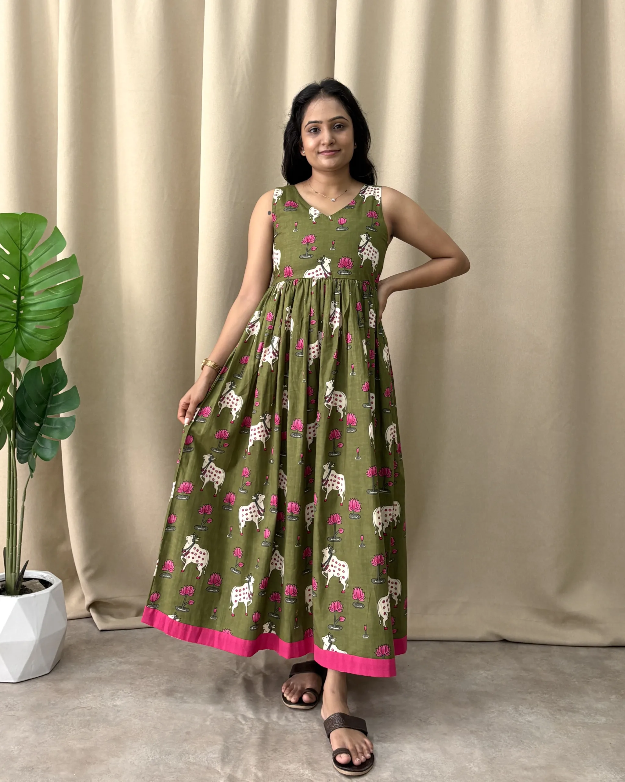 Mehendi green pichwai print cotton maxi dress