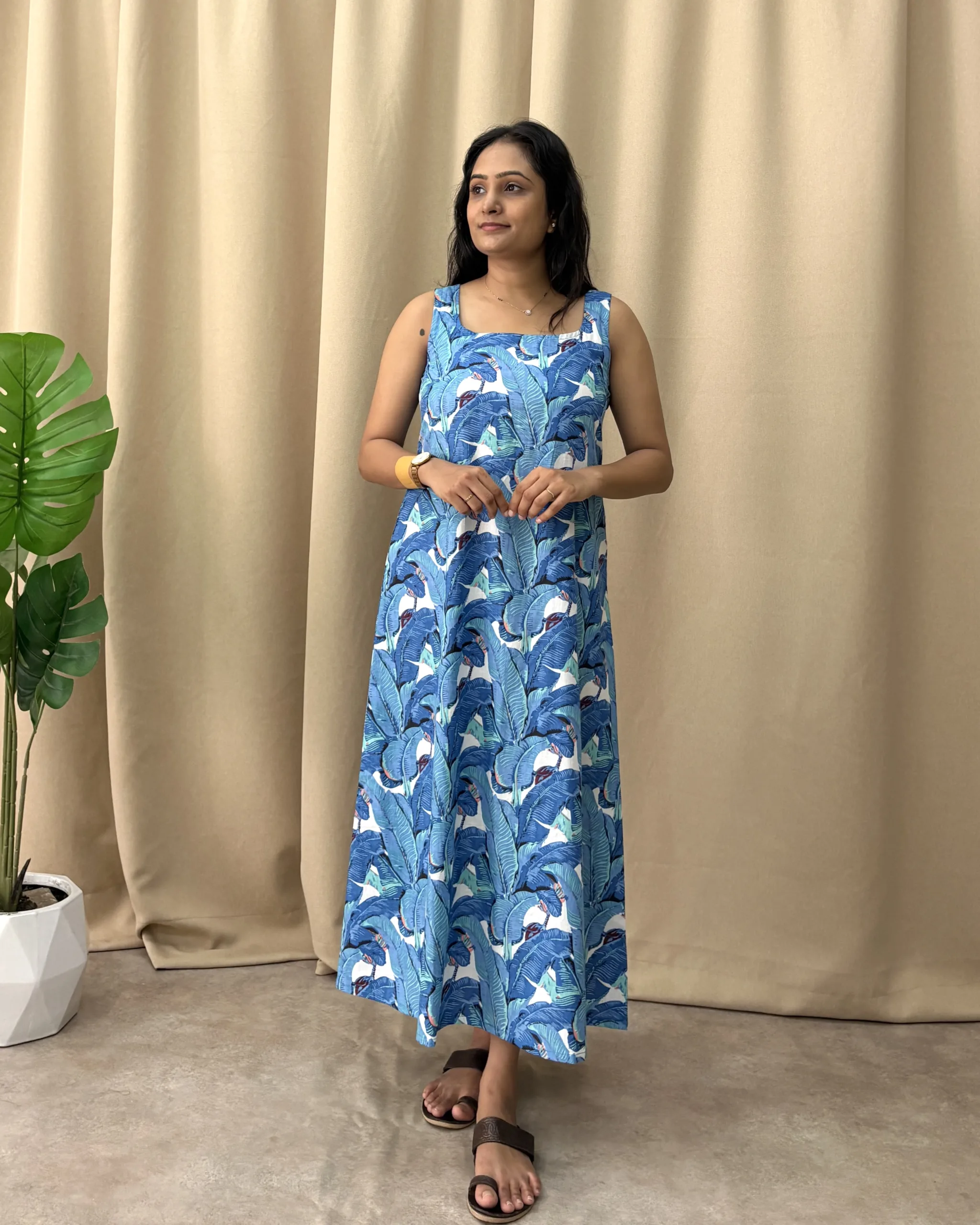 Sky blue tropical print a line cotton maxi dress