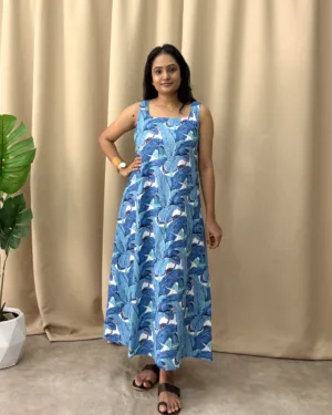 Sky blue tropical print a line cotton maxi dress