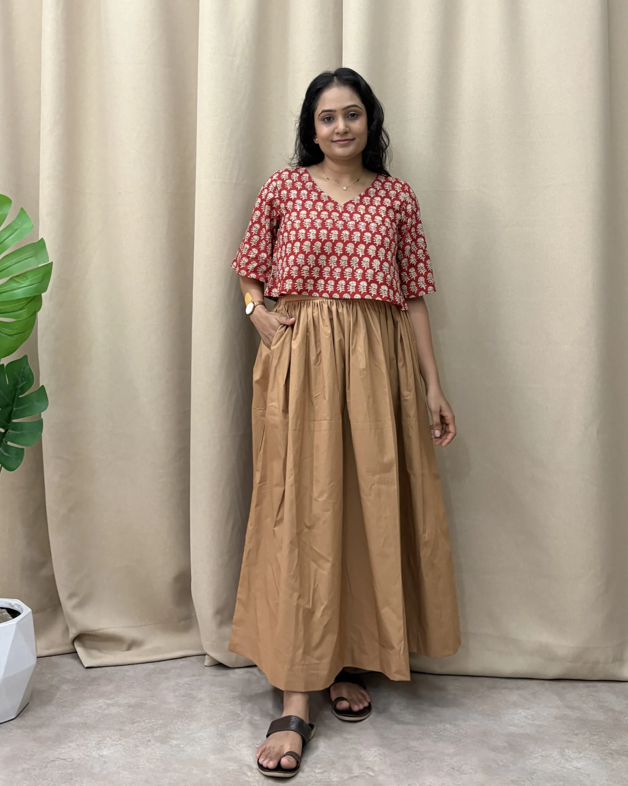 Brown cotton skirt and rust red crop top set