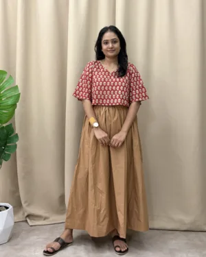 Brown cotton skirt and rust red crop top set