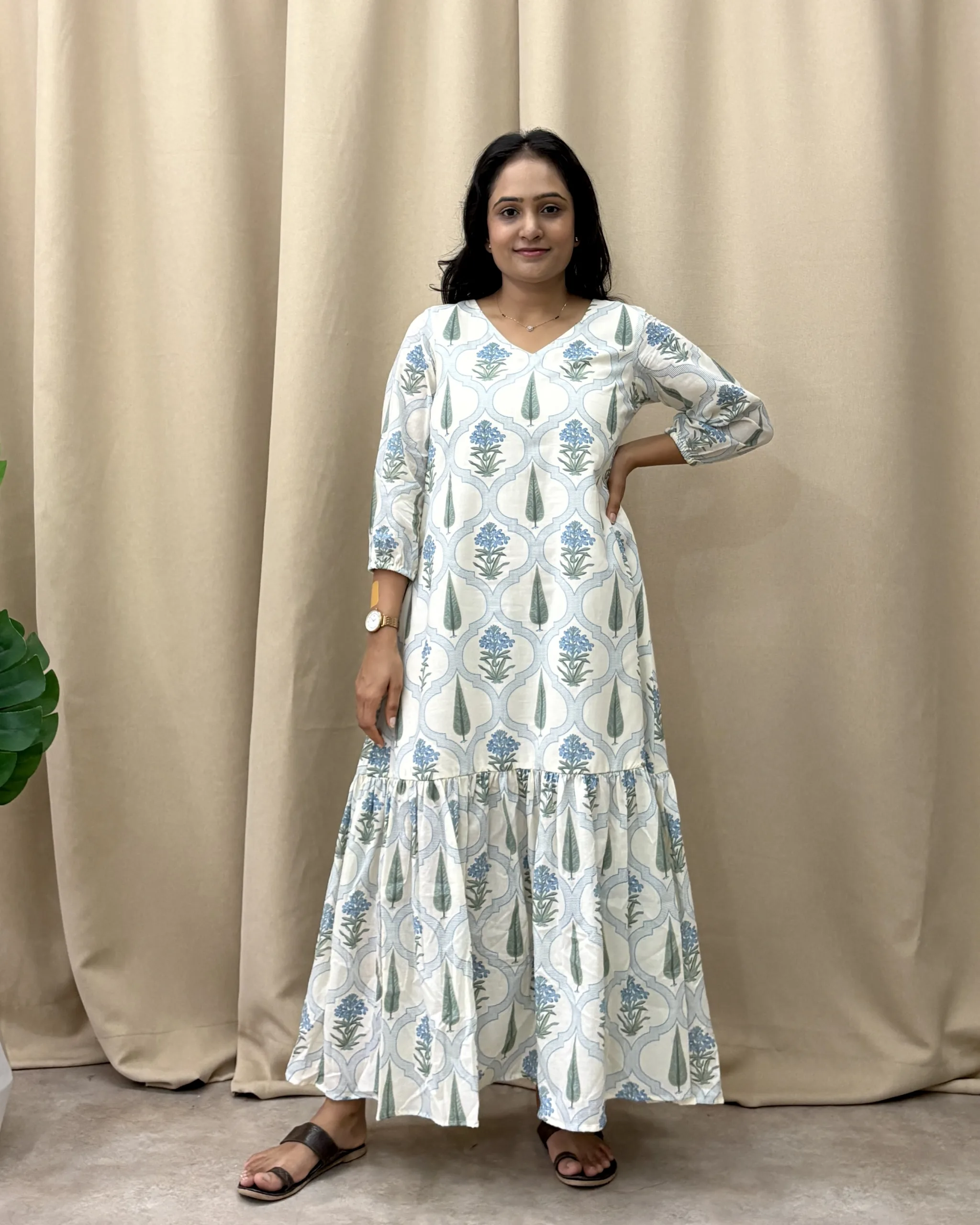 Off white cotton printed a line maxi dress with lining