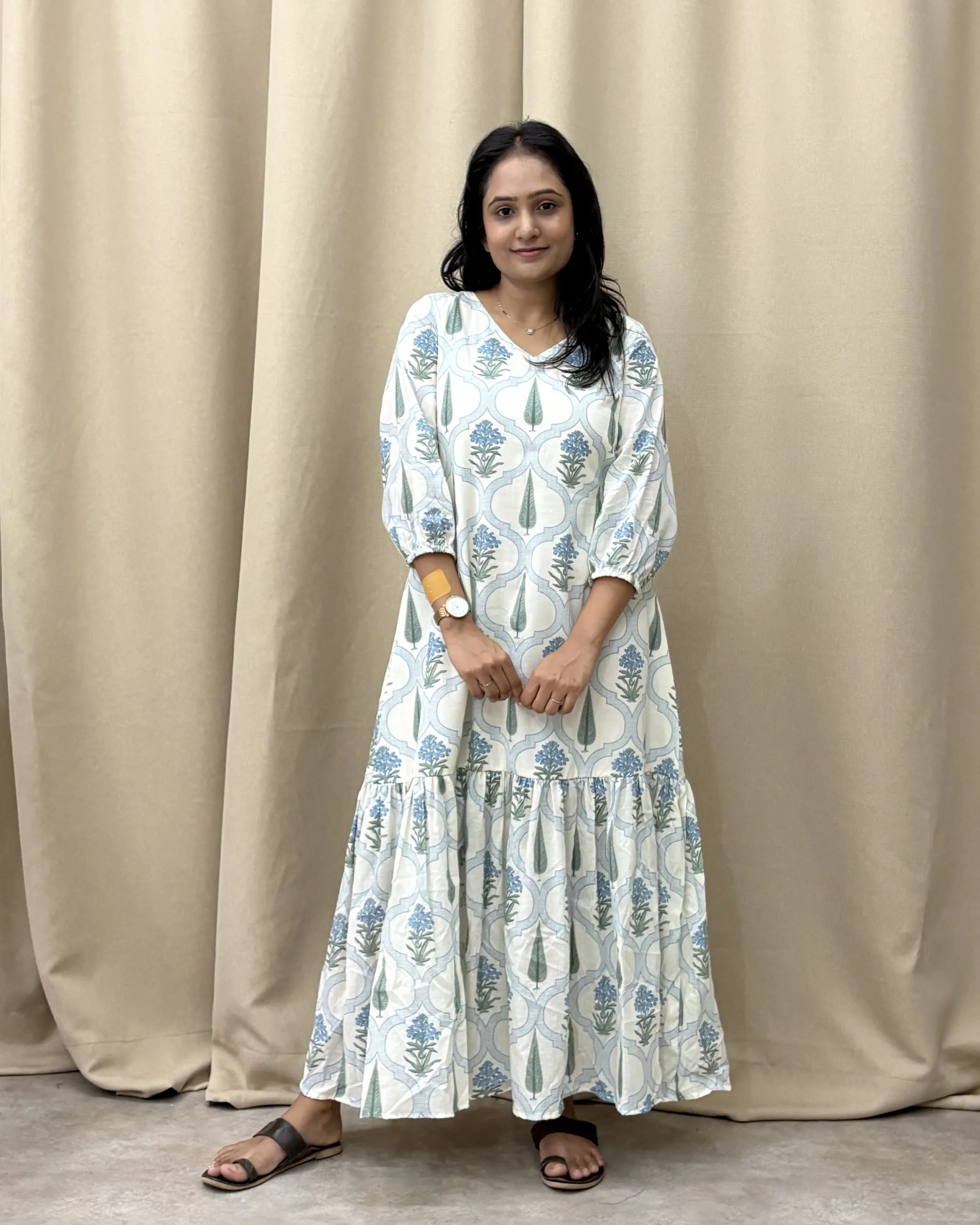 Off white cotton printed a line maxi dress with lining