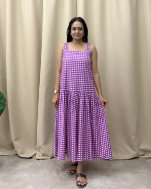 Purple checked print cotton maxi dress with lining