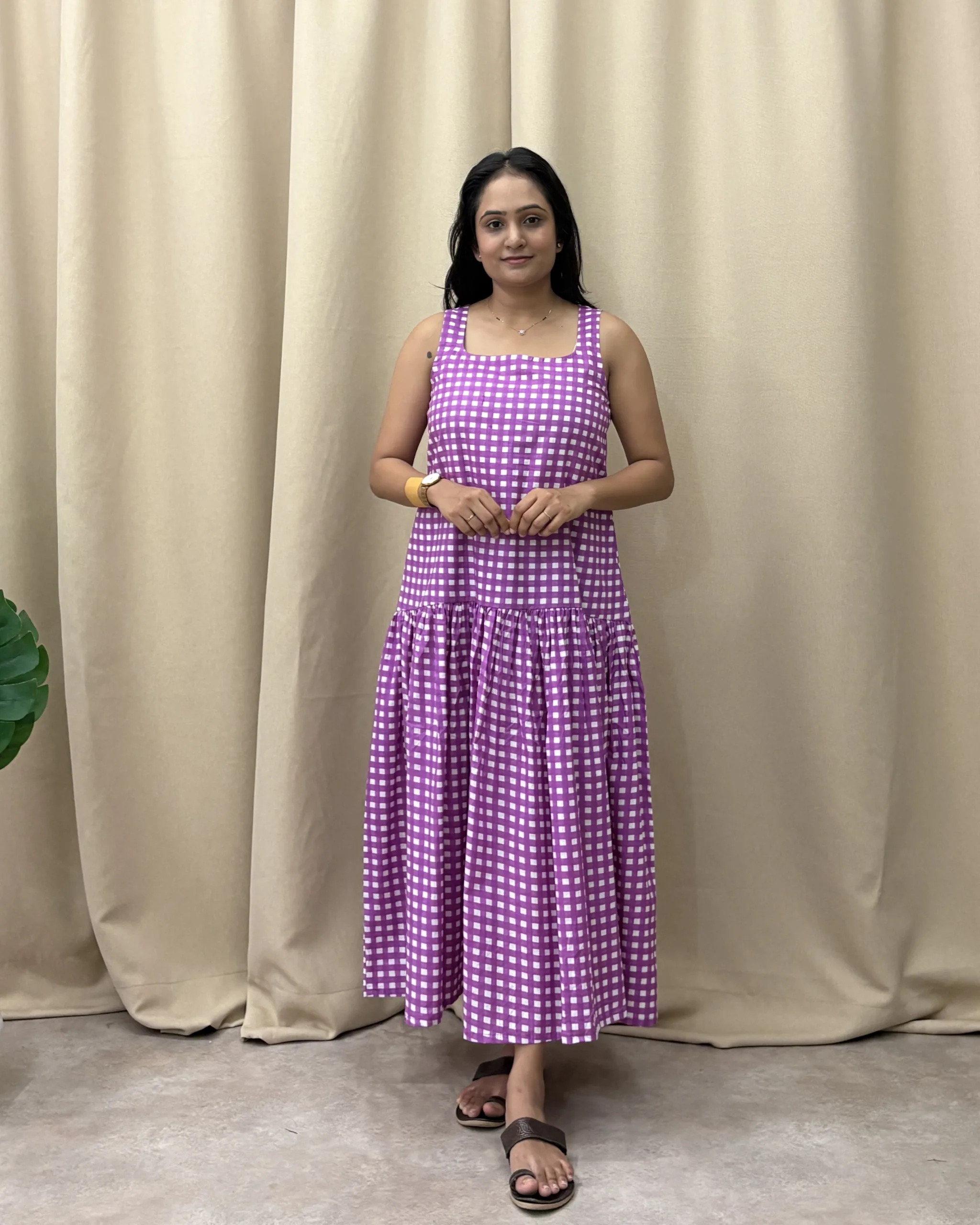 Purple checked print cotton maxi dress with lining