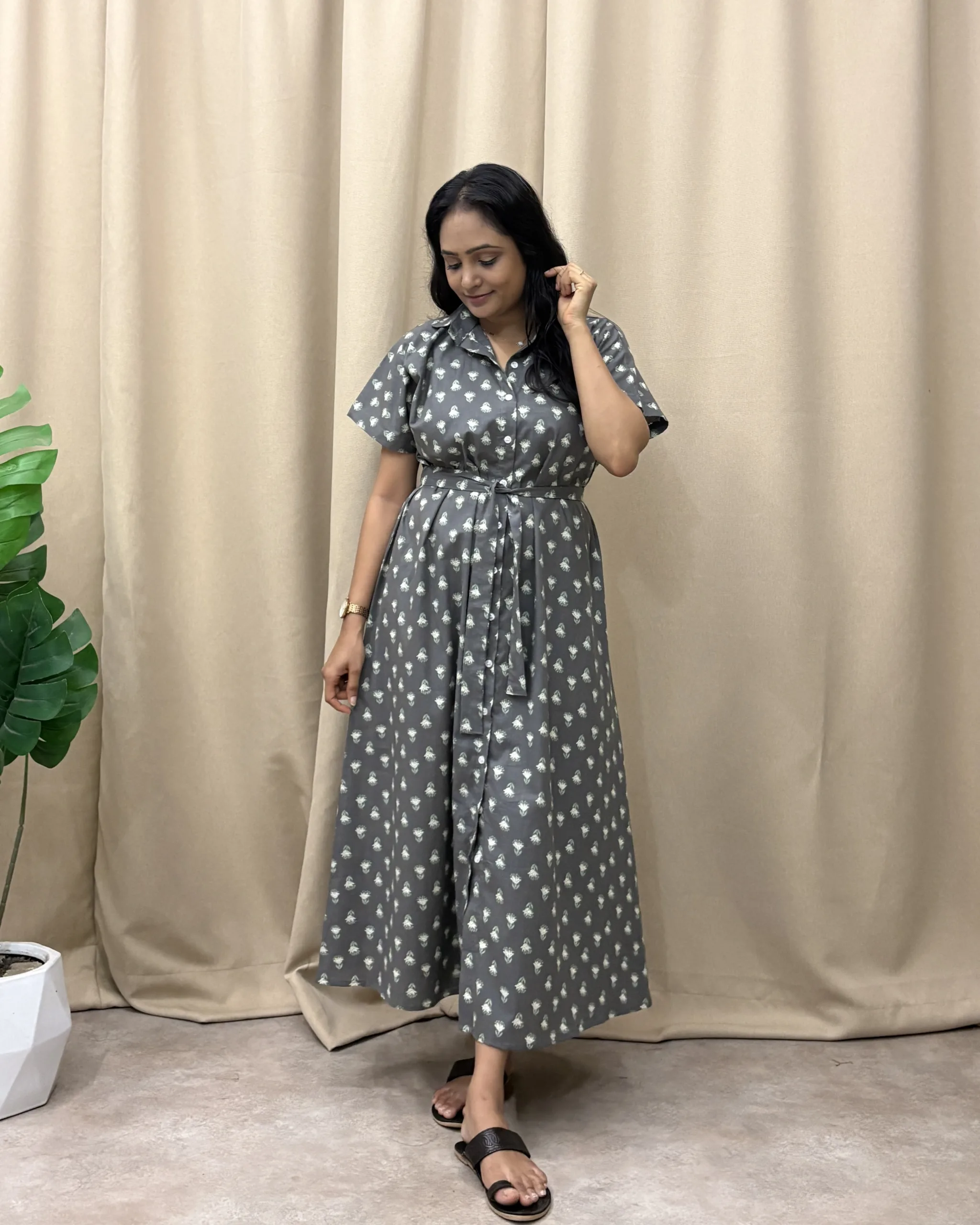 Grey floral print a line shirt dress