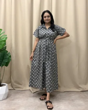 Grey floral print a line shirt dress
